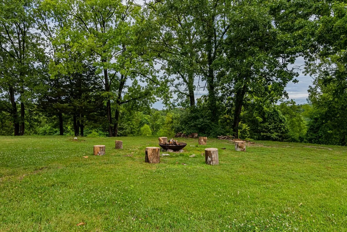 This exterior scene centers on a rustic fire pit surrounded by wooden seating logs amidst tall trees, setting a relaxed and communal mood. The setup is ideal for evening gatherings, storytelling, making s'mores, or stargazing under the open sky.